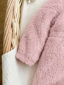 SHEIN 新生女嬰秋冬款可愛毛茸茸拼色連帽連身衣 - 淺粉色 - 查看 5
