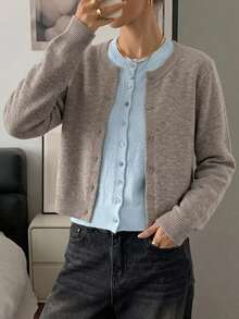Strévra Women's Wool Colorblock Casual Daily Cardigan - Khaki - View 1