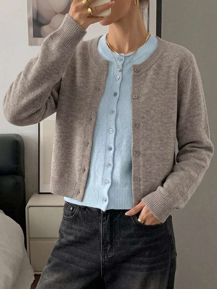 Strévra Women's Wool Colorblock Casual Daily Cardigan - Khaki - View 1
