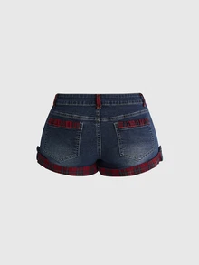 ROMWE Spring Summer Autumn Y2K Retro Plaid Heart Button Decor Casual Mini Denim Shorts For Women - Medium Wash - View 2