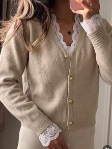 Serisse Women's Sweet Lace Patchwork Button Knit Cardigan - Apricot - View 6