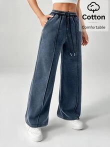 SHEIN PETITE Snow-Washed Women's Drawstring Wide Leg Sweatpants - Blue - View 7