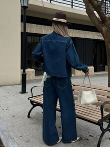 DAZY Women's Single-Breasted Long Sleeve Top And Pants Casual Daily Denim Set Fall - Blue - View 2