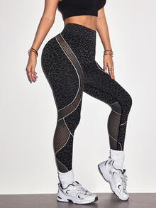 Slayform 1pc Regular Waist/Hip Lift/Leopard Print/Hollow Out/Contrast Color Design/Basic Style/Sports Leggings+Fitness/Yoga - Multicolor - View 5