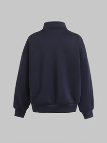 SHEIN Tween女孩休閒運動學院風拼色織帶Logo印花海軍藍立領夾克，百搭日常返校外套 - 藏蓝色 - 查看 4