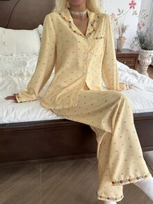 CottageSlumber Soft Sweet Pale Yellow Fine Grid Base Colorful Small Polka Dot Collar Long Sleeve Long Pants Pajama Set - Yellow - View 7