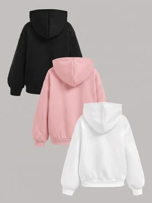 SHEIN Girlism 青少年女孩 3 件套 寬鬆休閒愛心印花 柔軟舒適 秋季連帽衫套裝，冬季 - 粉色 - 查看 2