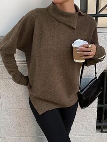 DAZY Women's Asymmetric Folded High Neck Long Sleeve Solid Color Side Slit Hem Loose Casual Commute Coffee Brown Knit Top T-Shirt, Autumn/Winter - Brown - View 5