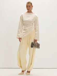 MUSEYN Cream Satin Tassel Fringe Hem Ruched Cinched Top Versatile Everyday Casual Fall Date Night - Apricot - View 2