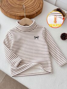 SHEIN 女嬰針織條紋立領蝴蝶結圖案休閒上衣 冬季衣物、秋季衣物、女嬰服飾、秋季新款 - 彩色 - 查看 3
