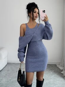 SHEIN Elenzya Women's Solid Color 2 In 1 Patchwork Casual Daily Knit Dress - Dusty Blue - View 6