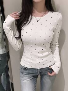 DAZY 女款波點圖案長袖商務休閒套頭毛衣 - 黑與白 - 查看 6