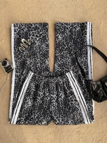 Attitoon 女款休閒街頭風黑灰色豹紋保暖內裡運動衫布料長褲，附織帶裝飾，適合秋冬穿著 - 彩色 - 查看 5