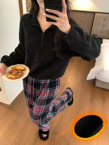 DAZY Bộ đồ ngủ nữ mùa thu/đông gồm áo kẻ caro và quần dài - màu đen - Xem 6