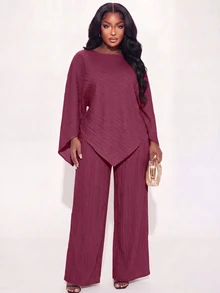 Poshavie Poshavie Setelan 2 Potong Asimetris Elegan, Mewah, Minimalis, Bertekstur, dan Nyaman untuk Wanita Ukuran Plus, Cocok untuk Bepergian, Jalan-jalan, Minum Teh Sore, dan Kencan. - Burgundy - View 6
