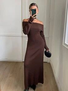 DAZY Women's Solid Color Off-Shoulder Casual Daily Knit Dress - Brown - View 4
