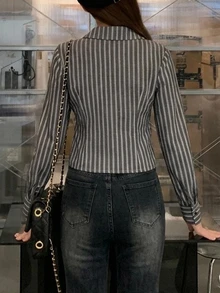 Strévra 女款條紋休閒百搭日常穿著襯衫 秋季 - 黑與白 - 查看 2