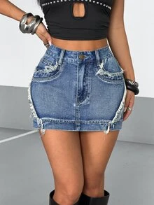 StreetHx Women's Frayed Hem Bodycon Casual Versatile Denim Skirt - Blue - View 3