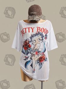Betty Boop x SHEIN 女款字母印花不對稱肩短袖休閒上衣 - 白色 - 查看 4