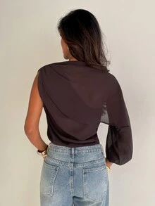 Aloruh Minimalist Commuter Elegant Sexy Versatile Premium One Shoulder Ruched Mixed Fabric Patchwork Long Sleeve 's Bodysuit - Brown - View 2