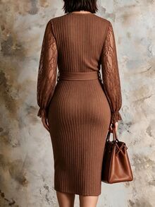 Linhara CURVE Plus Size Elegant Textured Lace Fashion Dress - Brown - View 2