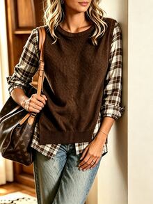 Holdful Holdful Women's Patchwork Plaid Long Sleeve Round Neck Casual Shirt - Multicolor - View 8