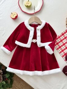 SHEIN Set 2 Potong Gaun Kasual Tanpa Lengan Leher Bulat dengan Kerah dan Kardigan, Motif Patchwork Rajut Warna Kontras untuk Bayi Perempuan dan Hiasan Bulu Imitasi - Red and White - View 6