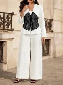 Juhart Versatile Premium Contrast Lace Contrast Color Plus Size Women's Long Sleeve Jacket And Pants Elegant 2 Pieces Set - Black and White - View 3