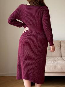 Feyla Women's Plus Size Casual Versatile Cable Knit Long Sleeve Dress - Burgundy - View 2