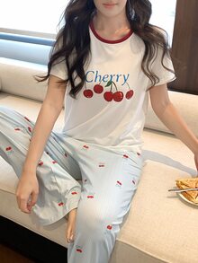 DAZY 2pcs/Set Women's Loose Short Sleeve Cherry Print Striped Long Pajama Pants Sleepwear Set - Multicolor - View 6