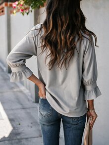 INAWLY Plus Size Women's Grey Striped Tie Neck Raglan Sleeve Blouse - Dark Grey - View 2
