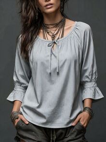 INAWLY Plus Size Women's Grey Striped Tie Neck Raglan Sleeve Blouse - Dark Grey - View 3
