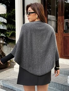 Vionelle Women's Front Tie Knitted Shawl Wrap Cape Cardigan, Solid Color Soft Knit Shoulder Drape, Plus Size - Dark Grey - View 2