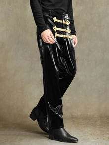 ROMWE MEN Goth Men's Fashion Vintage PU Court Pants - Black - View 4