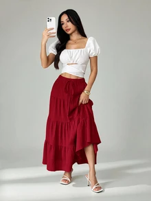 SHEIN PETITE 女款休閒度假多層蛋糕裙，百搭休閒優雅穿搭，適合四季，假日約會穿著，適用於春/夏與秋/冬 - 紅色 - 查看 4