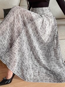 DAZY Grey Snake Print High Waist Flowy Tulle A-Line Maxi Skirt, Fashionable Versatile For Vacation And Travel Fall - Black - View 2