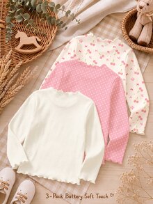 3件組柔霧色系波西米亞碎花、迷你波點、迷你蝴蝶結圖案女童休閒舒適軟彈羅紋荷葉邊上衣，適合秋冬日常穿著、疊穿，返校衣櫥必備基礎款，秋冬內搭必備，甜美俏皮風 - 彩色 - 查看 2