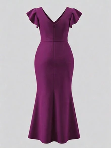 Formidée Plus Size Women's Solid Color Overlap V-Neck Ruffle Sleeve Fitted Elegant Mermaid Dress - Purple - View 2