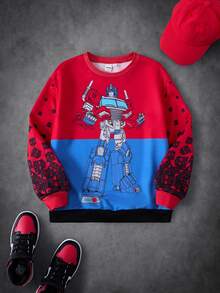 Transformers X SHEIN Tween Boy Crew Neck Long Sleeve Casual Sweatshirt Evergreen - Red - View 1