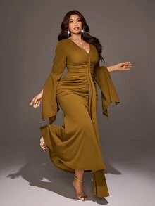 Viva Relle 大尺碼女款高級橄欖綠V領抓皺腰部飄逸袖優雅通勤長洋裝，適合正式場合與秋季 - 橄欖綠 - 查看 4
