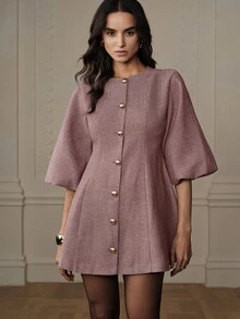 BELROSIE 女款 A 字修身收腰粗花呢洋裝，金色圓鈕扣、燈籠袖、圓領，優雅復古灰粉色人字紋秋季服飾，聖誕穿搭 - 紫色 - 查看 7