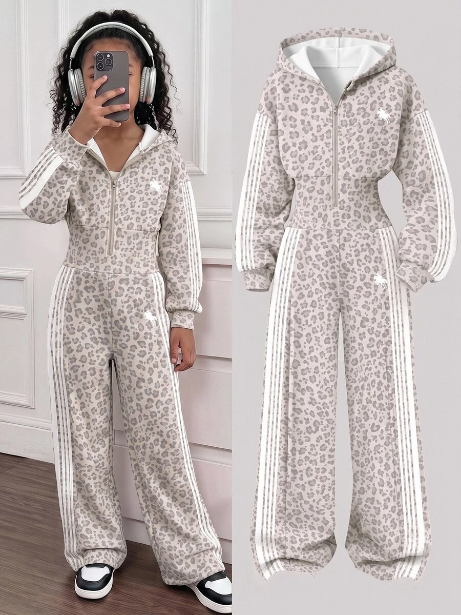 SHEIN Sparklyn Tween Girl Fashion Minimalist Solid Color Hooded Zip-Up Printed Letter High Waist Autumn Winter Jumpsuit,Light Gray Leopard Print & White Stripes - Multicolor - View 1