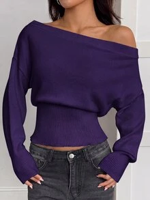 SHEIN PETITE 3D花卉不對稱單肩米色秋冬浪漫寬鬆針織毛衣 - 紫色 - 查看 4