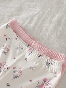 SHEIN 女嬰甜美可愛優雅休閒日常舒適親膚針織高彈力貼身布料粉杏色花朵素色卡通印花圓領套頭長袖上衣配長褲睡衣家居服2件套 - 彩色 - 查看 6