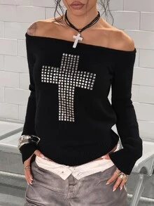 StreetHx Women's Autumn/Winter Fashion Street Sweet Cool Lazy Elegant Party Gathering Rhinestone Asymmetrical Shoulder Sweater - Black - View 4
