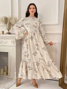 Al Najma Women's Floral Pattern Bell Sleeve Elegant Arabian Dress - Multicolor - View 1