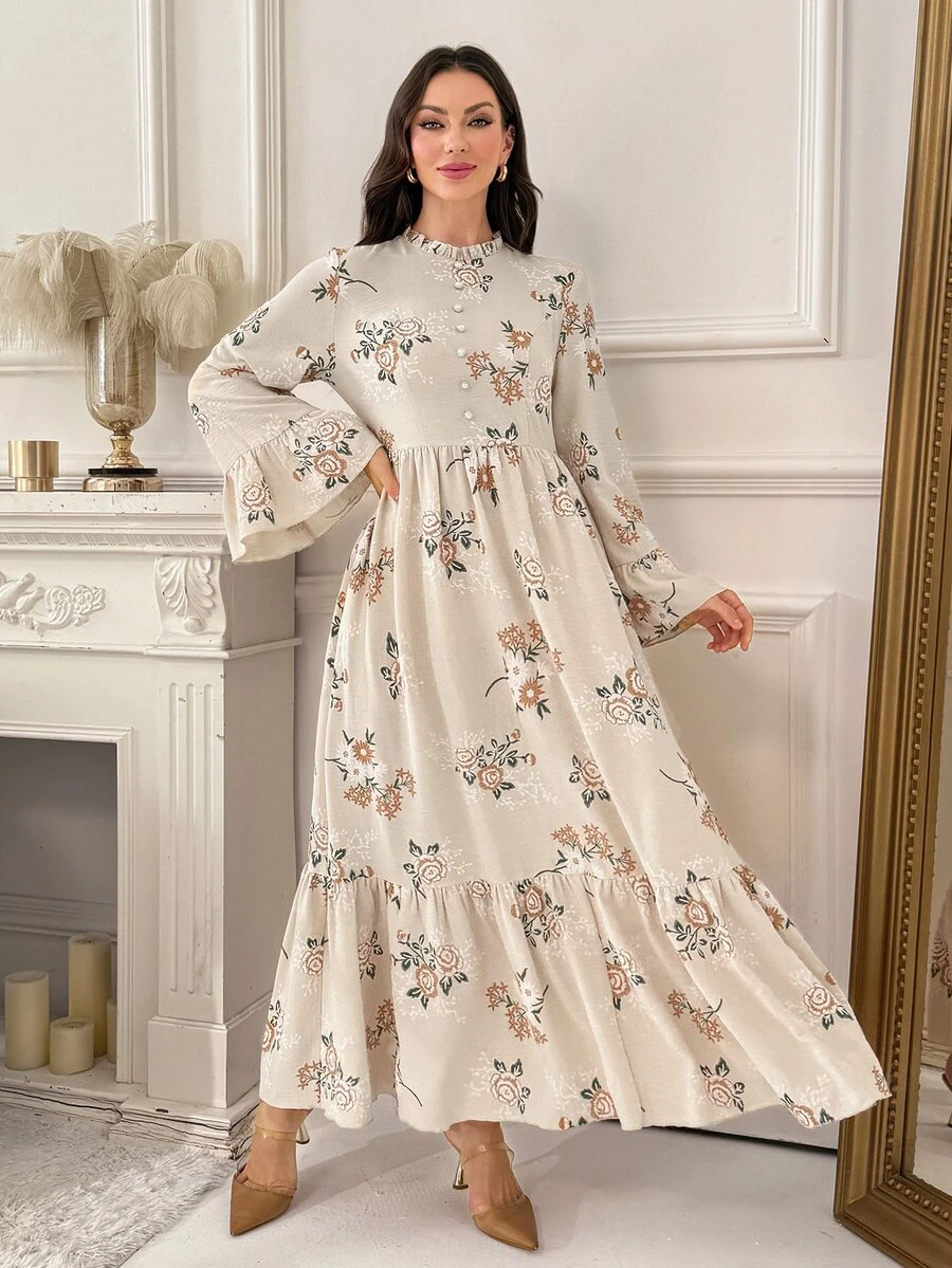 Al Najma Women's Floral Pattern Bell Sleeve Elegant Arabian Dress - Multicolor - View 1