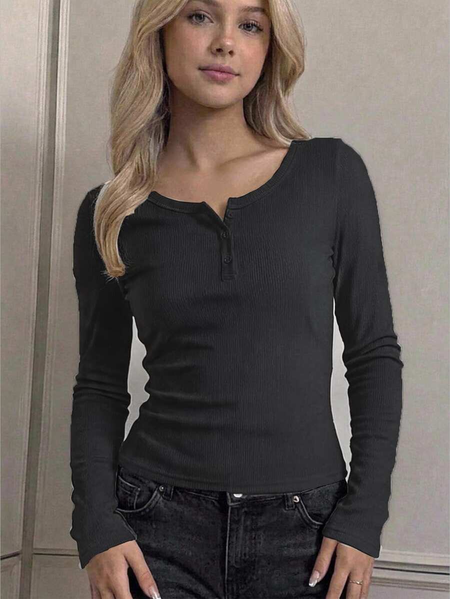 SHEIN Girlism 青少年女孩黑色純色半鈕扣極簡休閒針織長袖T恤 - 灰色 - 查看 1