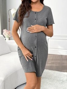 Moonlight&Mama Gaun Hamil Lengan Pendek Kasual Warna Polos untuk Sehari-hari di Rumah - Grey - View 1