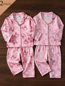 SHEIN 女嬰甜美可愛優雅親膚柔軟舒適休閒日常粉色愛心蝴蝶結兔子卡通印花前開襟針織長袖上衣與褲子2件套居家服 - 粉色 - 查看 2
